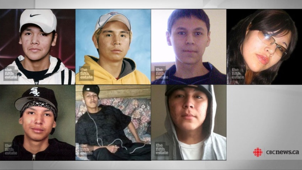 The seven students whose deaths are the subject of the inquest are, from top left, Jethro Anderson, Curran Strang, Paul Panacheese, Robyn Harper, Reggie Bushie, Kyle Morriseau, and Jordan Wabasse. 