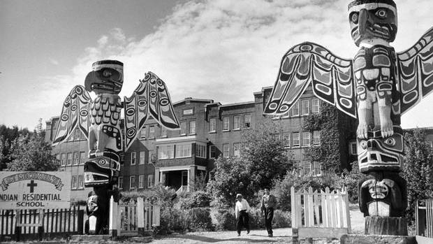St. Michael's Indian Residential School entrance, with two students on the driveway, Alert Bay, British Columbia, is shown in this 1970 handout photo. (HO/THE CANADIAN PRESS)