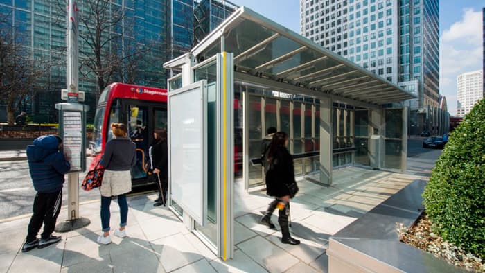 The new solar-powered bus shelter in the Canary Wharf business district