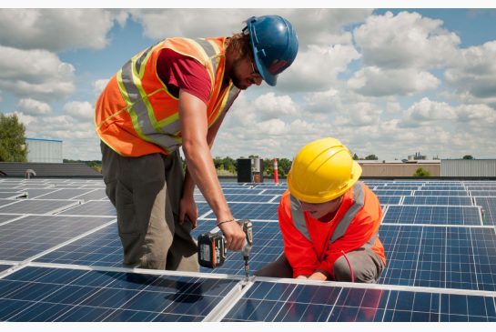 Workers stand on the roof at 2 Airpark Place , installing the 107 kWp solar system for Guelph Renewable Energy Co-operative.