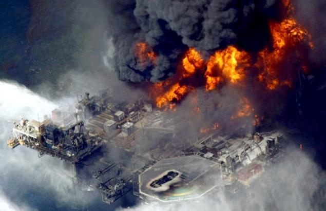 The Deepwater Horizon rig one day after it exploded April 21, 2010